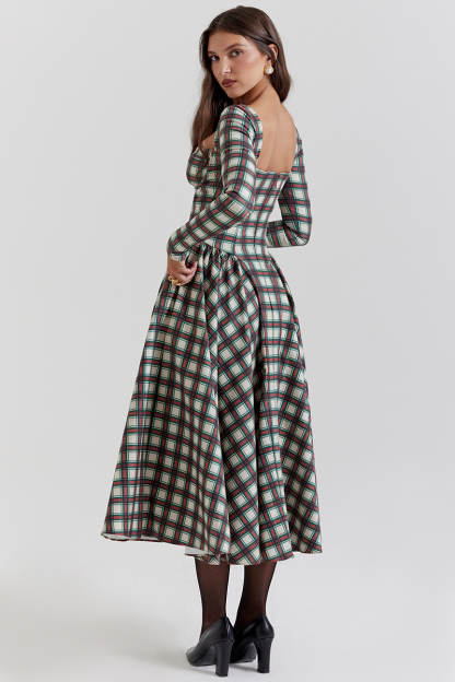 Plaid Pattern Long Sleeve Corset A-Line Pleated Midi Dresses-Red-Hayhty.All Rights Reserved.