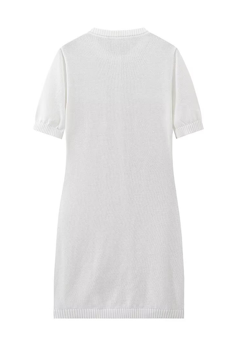Knit Round Neck Short Sleeve Button Up Plain Mini Dresses-White-Hayhty.All Rights Reserved.