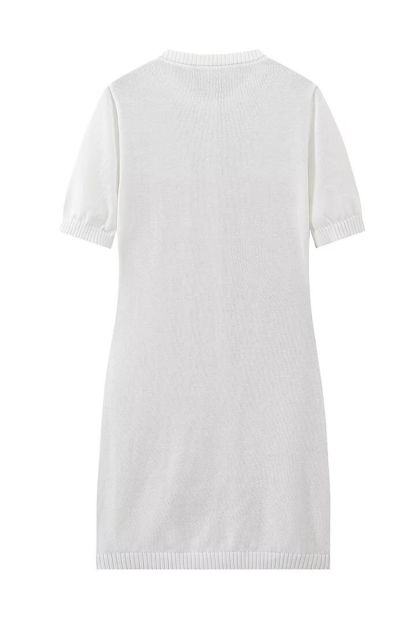 Knit Round Neck Short Sleeve Button Up Plain Mini Dresses-White-Hayhty.All Rights Reserved.