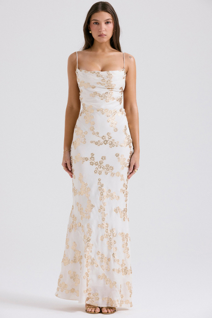 Shimmering Floral Pattern Lace Up Backless Fishtail Hem Slip Maxi Dresses-White-Hayhty.All Rights Reserved.