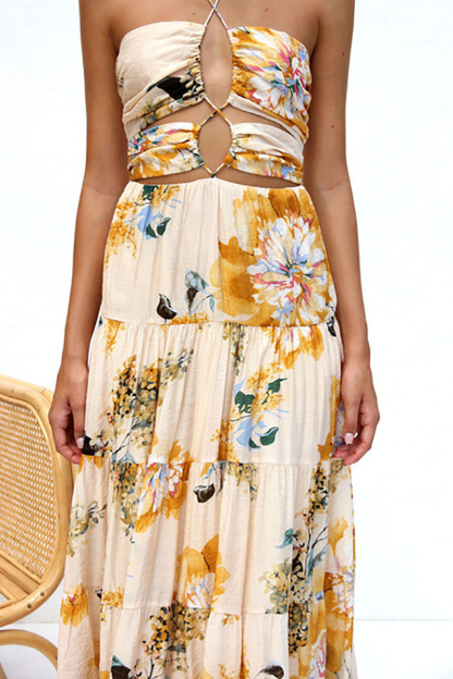 Cutout Halter Print Tiered Backless Vacation Maxi Dresses-Hayhty.All Rights Reserved.