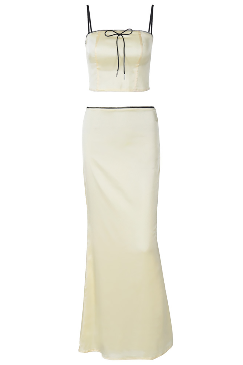 Bow Decor Crop Cami Slim Fit Fishtail Hem Maxi Skirt Matching Set-Beige-Hayhty.All Rights Reserved.