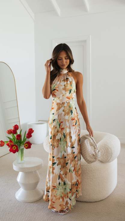 Floral Print Halter Backless Flowy Vacation Maxi Dresses-Hayhty.All Rights Reserved.