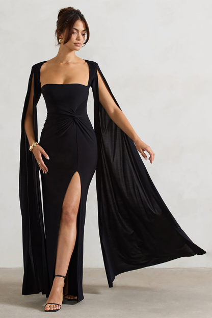 Boat Neck Caped Sleeve Ruched Bodycon Slit Gowns Maxi Dresses-Burgundy-Hayhty.All Rights Reserved.