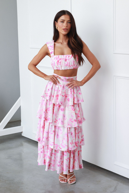 Square Neck Ruched Sleeveless Crop Top High Waist Layered Maxi Skirt Floral Print Matching Set-Hayhty.All Rights Reserved.