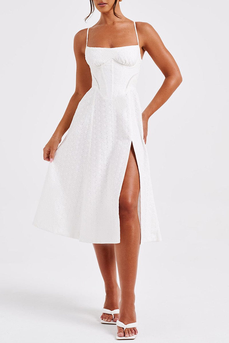 Jacquard Boat Neck Corset A-Line Slit Midi Strappy Dresses-White-Hayhty.All Rights Reserved.