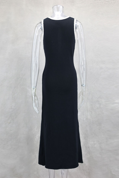 Colorblock Trim Round Neck Slim Fit Button Up Knit Midi Tank Dresses-Black-Hayhty.All Rights Reserved.