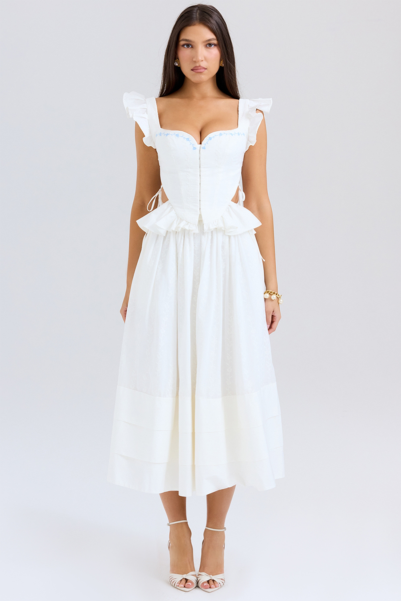 Side Cutout Embroidery Ruffled Corset Midi Skirt 2pcs Set-White-Hayhty.All Rights Reserved.