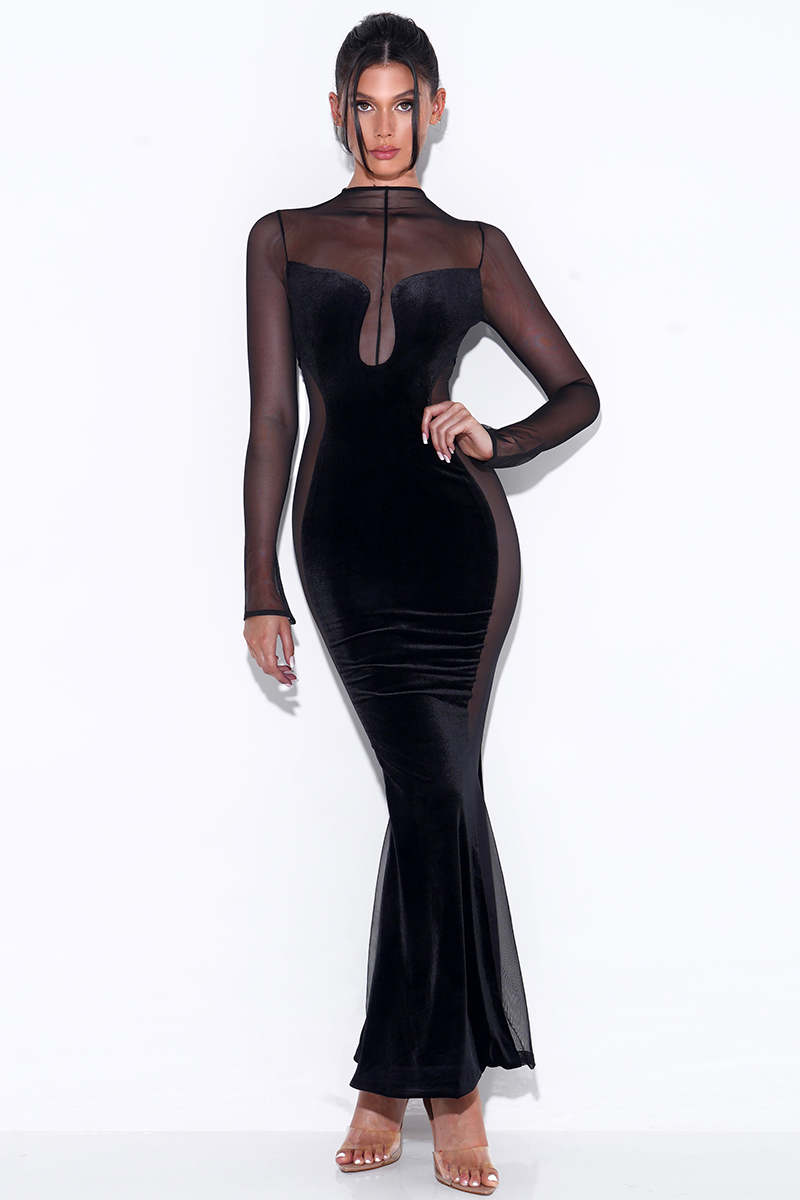 Velvet Mesh Patchwork Long Sleeve Gown Maxi Dresses-Hayhty.All Rights Reserved.