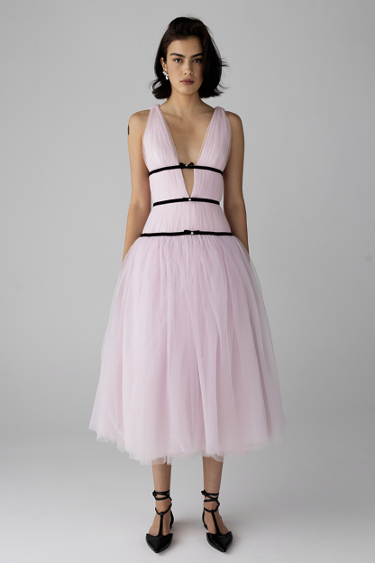 Ribbon Wrapped Deep V Neck Tulle A-Line Midi Dresses-Pink-Hayhty.All Rights Reserved.