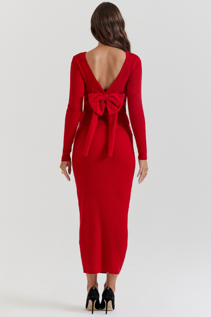 Pit Knit Long Sleeve Ribbon Back Crop Top Solid Midi Skirt Matching Set-Red-Hayhty.All Rights Reserved.
