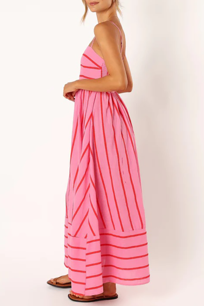 Boat Neck Spaghetti Strap A-Line Backless Striped Print Maxi Dresses-Pink-Hayhty.All Rights Reserved.