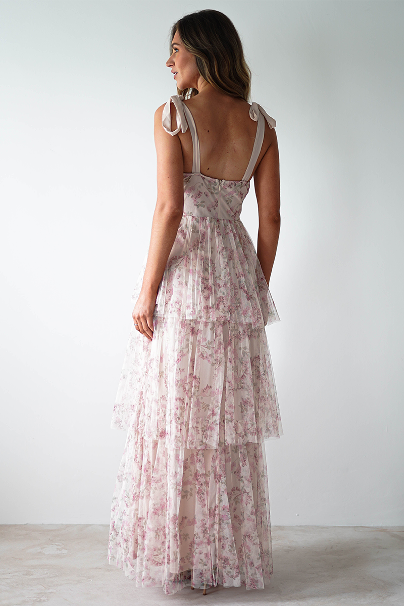Tie Up Straps Cinch Waist Floral Print Tiered Maxi Dresses-Pink-Hayhty.All Rights Reserved.