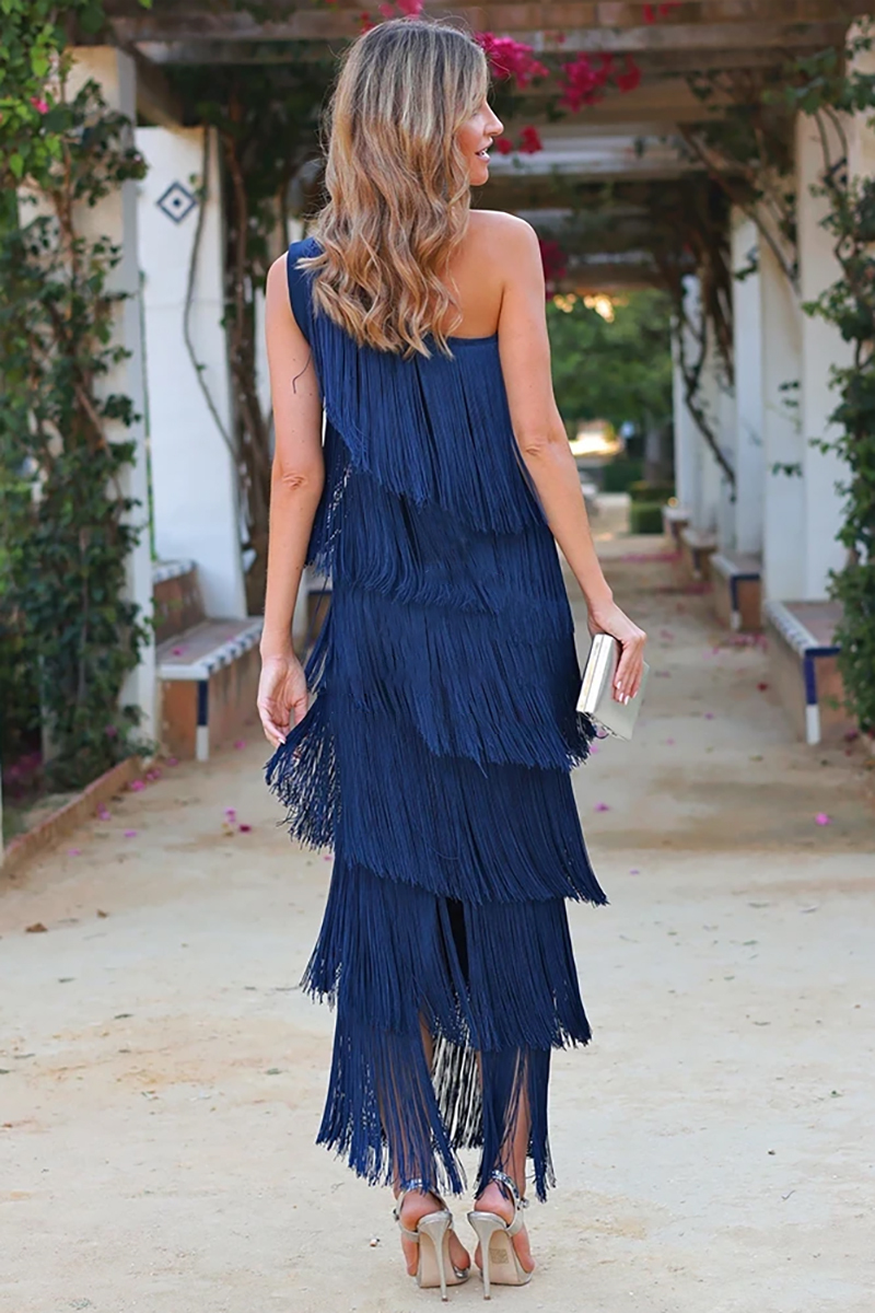 Layered Fringed Slant Shoulder Sleeveless Slim Fit Prom Party Midi Dresses-Hayhty.All Rights Reserved.