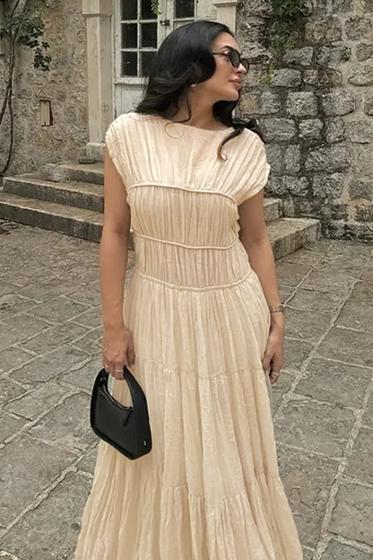 Sleeveless Ruched A-Line Flowy Maxi Dresses-Beige-Hayhty.All Rights Reserved.