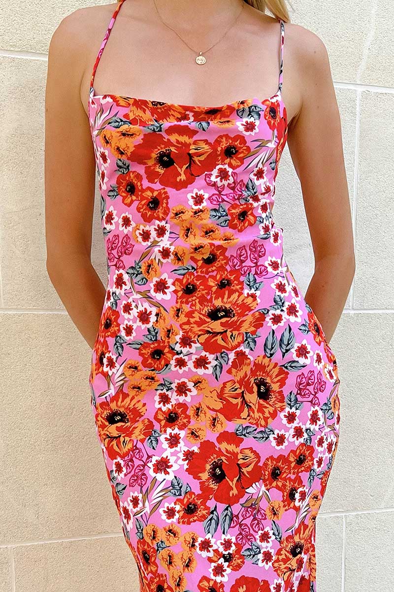 Cross Cami Boat Neck Backless Tied Up Floral Print Vacation Slim Maxi Dresses-Hayhty.All Rights Reserved.