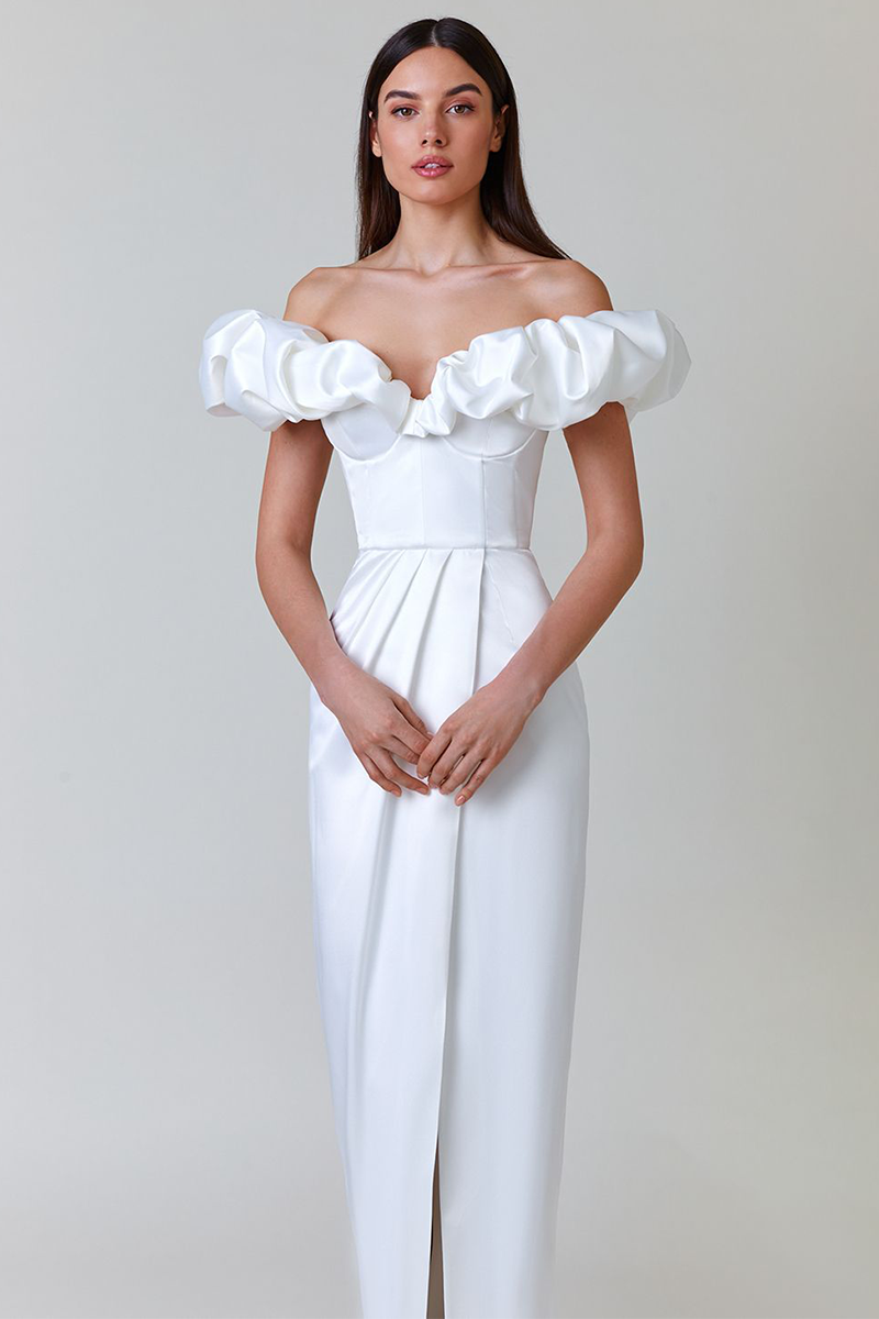 Puffy Ruffled Trim Off Shoulder Corset Slit Formal Party Maxi Dresses-White-Hayhty.All Rights Reserved.
