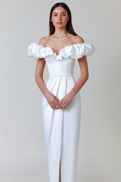 Puffy Ruffled Trim Off Shoulder Corset Slit Formal Party Maxi Dresses-White-Hayhty.All Rights Reserved.