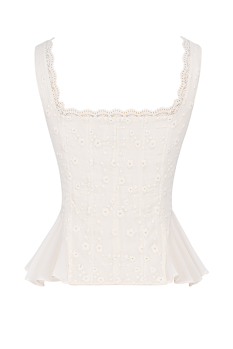 Floral Embroidery Ruffled Top Bodycon Maxi Skirt Matching Set-Ivory-Hayhty.All Rights Reserved.