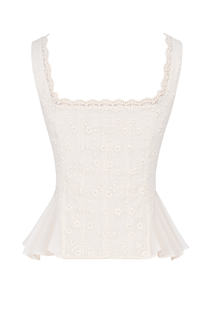 Floral Embroidery Ruffled Top Bodycon Maxi Skirt Matching Set-Ivory-Hayhty.All Rights Reserved.