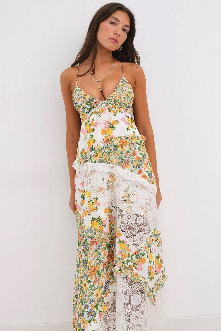 Ditsy Floral Print Deep V Neck Lace Patchwork Backless Slip Maxi Dresses-Green-Hayhty.All Rights Reserved.