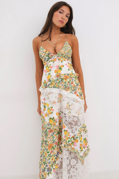 Ditsy Floral Print Deep V Neck Lace Patchwork Backless Slip Maxi Dresses-Green-Hayhty.All Rights Reserved.