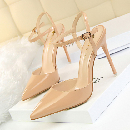 Burnished Plain Pointy Toe Ankle Strap Buckle Stiletto Heels-Hayhty.All Rights Reserved.