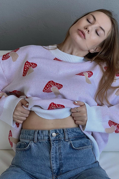Mushroom Jacquard Pattern Round Neck Long Sleeve Loose Fit Sweater-Black-Hayhty.All Rights Reserved.