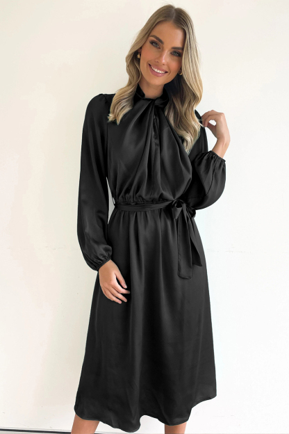 Ruched Knotted Long Sleeve Satin Midi Dresses-Hayhty.All Rights Reserved.