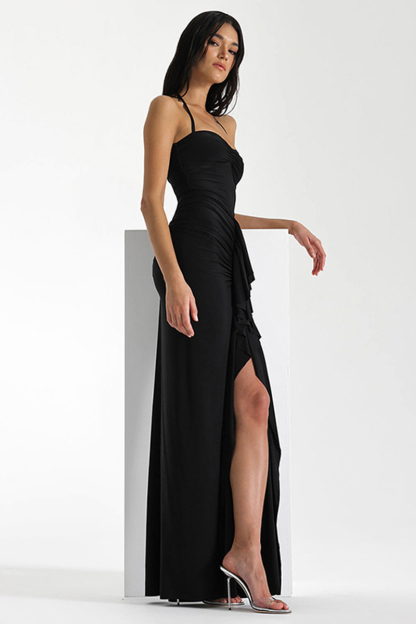 Ruched Ruffle Halter Slit Bodycon Evening Maxi Dresses-Hayhty.All Rights Reserved.