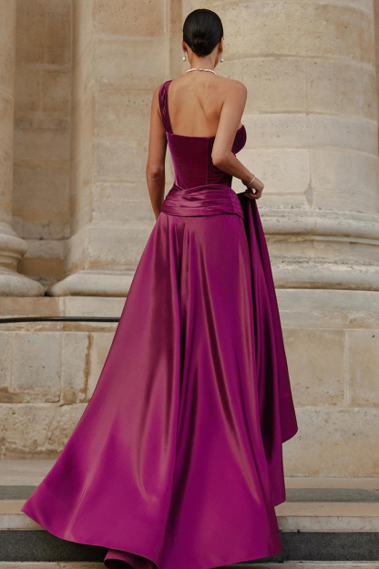 Elegant One Shoulder Corset Folds High Slit Formal Party Gown Satin Maxi Dresses-Purple-Hayhty.All Rights Reserved.