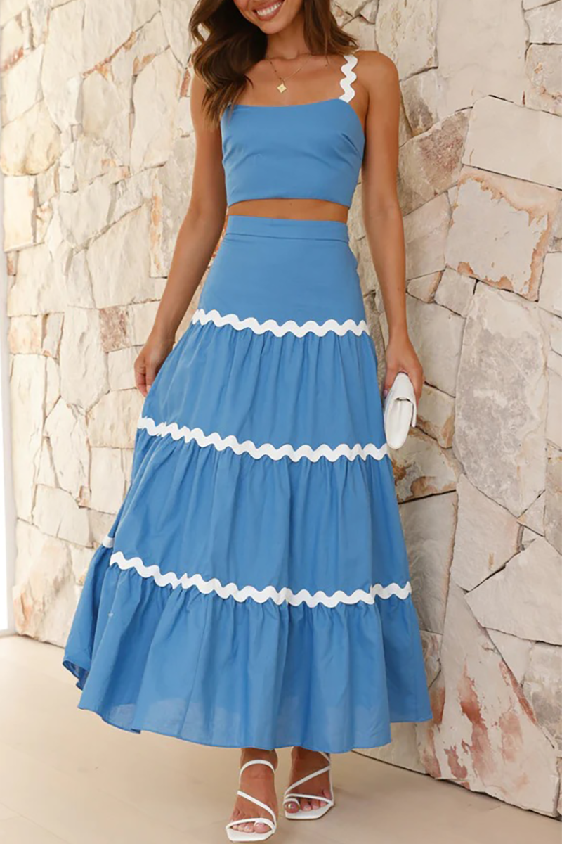 Colorblock Ripple Trim Crop Cami High Waist A-Line Maxi Skirt Matching Set-White-Hayhty.All Rights Reserved.