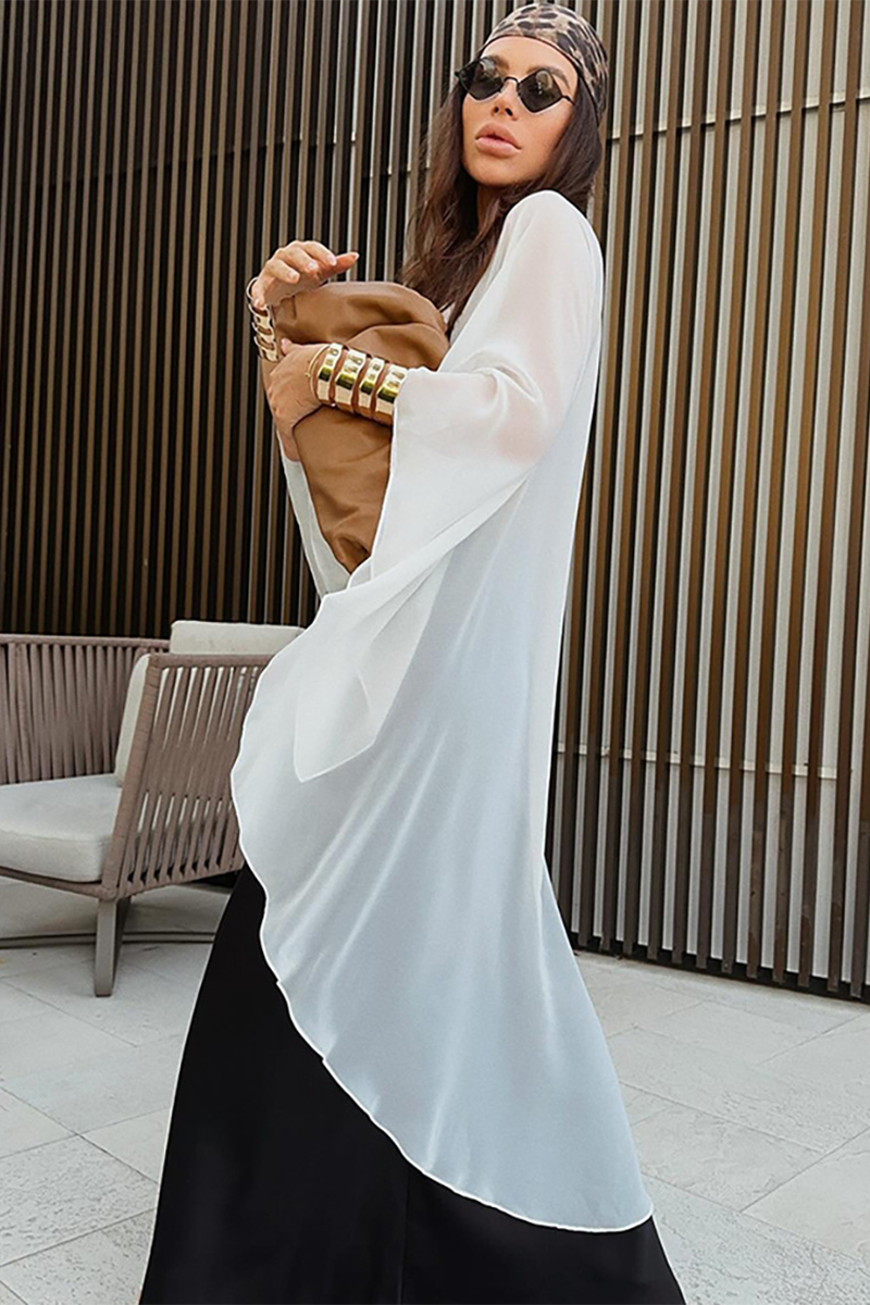 Round Neck Batwing Sleeve Irregular High-Low Flowy Top-White-Hayhty.All Rights Reserved.