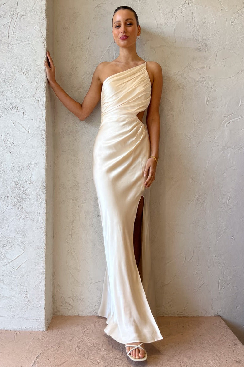 One Shoulder High Slit Ruched Evening Gown Cami Maxi Dress-Hayhty.All Rights Reserved.