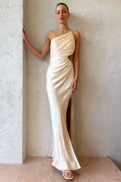 One Shoulder High Slit Ruched Evening Gown Cami Maxi Dress-Hayhty.All Rights Reserved.