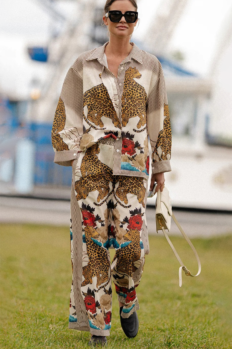 Leopards Floral Pattern Long Sleeve Blouse Wide Leg Pants Matching Set-Beige-Hayhty.All Rights Reserved.
