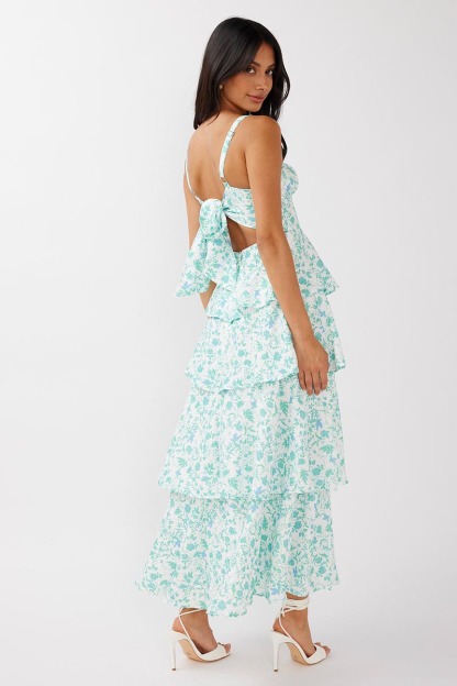 Floral Print Square Neck Straps Back Ribbon Cut Out Tiered Wedding Guest Maxi Dresses-Blue-Hayhty.All Rights Reserved.