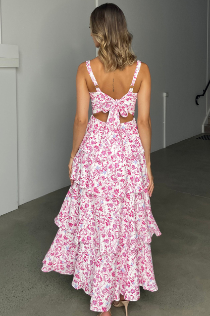 Floral Print Square Neck Straps Back Ribbon Cut Out Tiered Wedding Guest Maxi Dresses-Blue-Hayhty.All Rights Reserved.