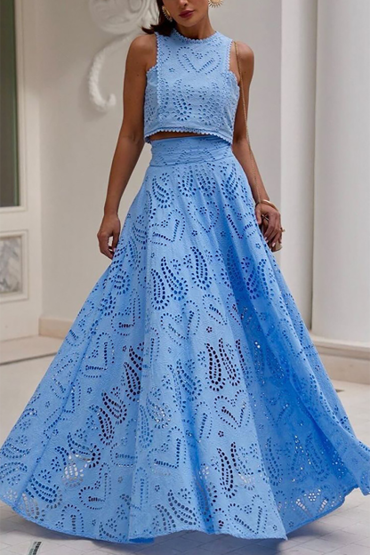 Hollow Out Pattern Sleeveless Crop Top High Waist Maxi Skirt Matching Set-Blue-Hayhty.All Rights Reserved.