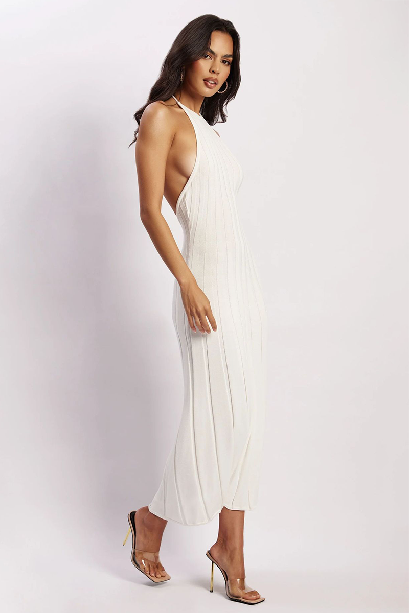Solid Color Pleated Knit Open Back Halter Midi Dresses-White-Hayhty.All Rights Reserved.