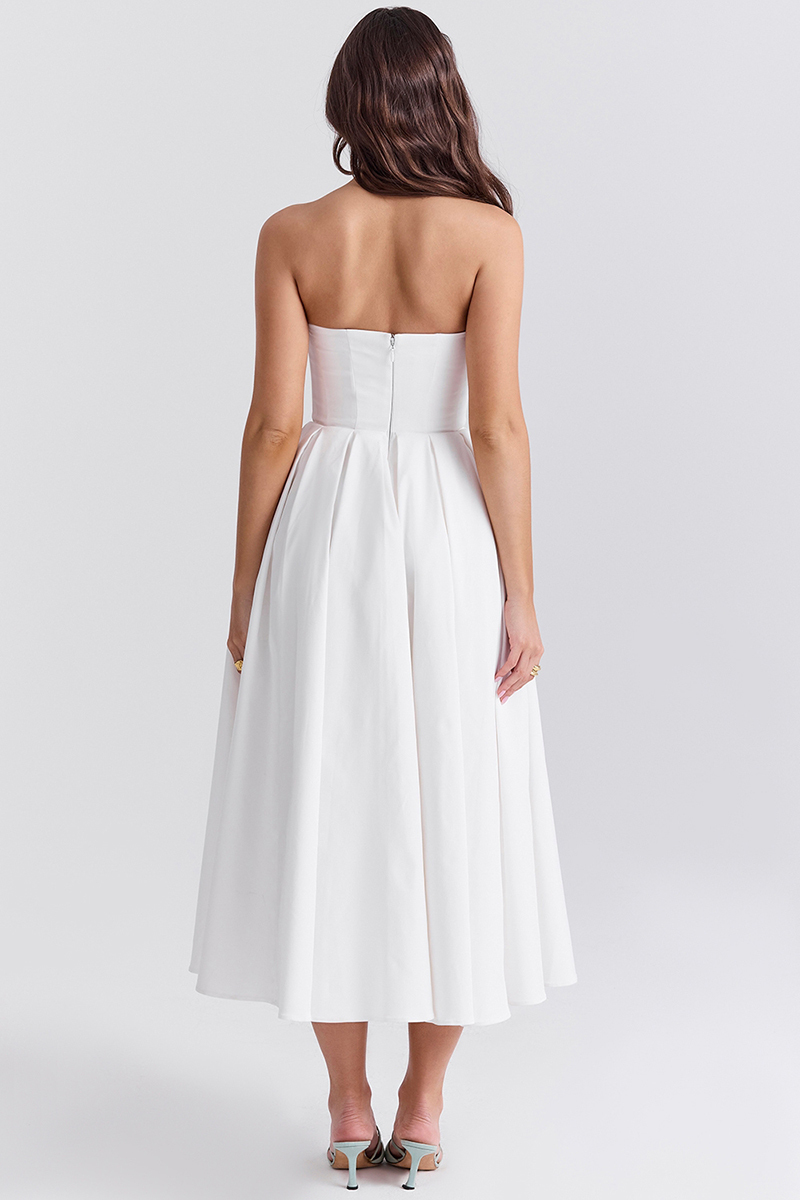 Elegant Strapless Corset Back Zipper Pleated Midi Dresses-White-Hayhty.All Rights Reserved.
