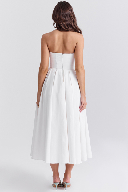Elegant Strapless Corset Back Zipper Pleated Midi Dresses-White-Hayhty.All Rights Reserved.