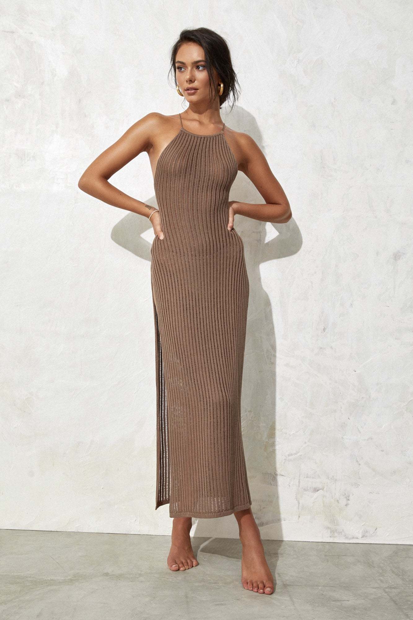Ribbed Knit Open Back High Slit Maxi Dresses-Hayhty.All Rights Reserved.