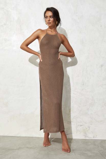 Ribbed Knit Open Back High Slit Maxi Dresses-Hayhty.All Rights Reserved.