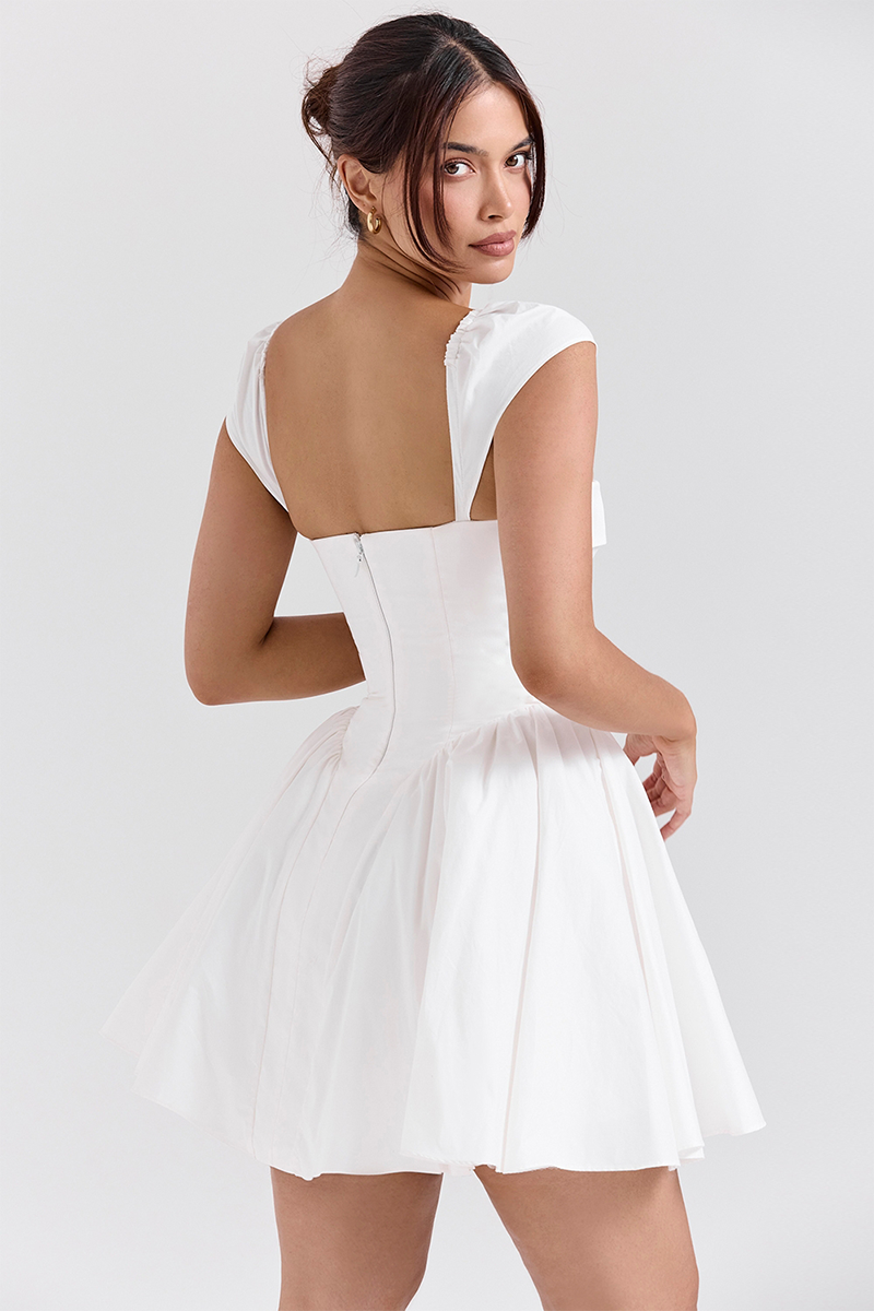 Irregular V Neck Short Sleeve Corset Pleated Mini Dresses-White-Hayhty.All Rights Reserved.