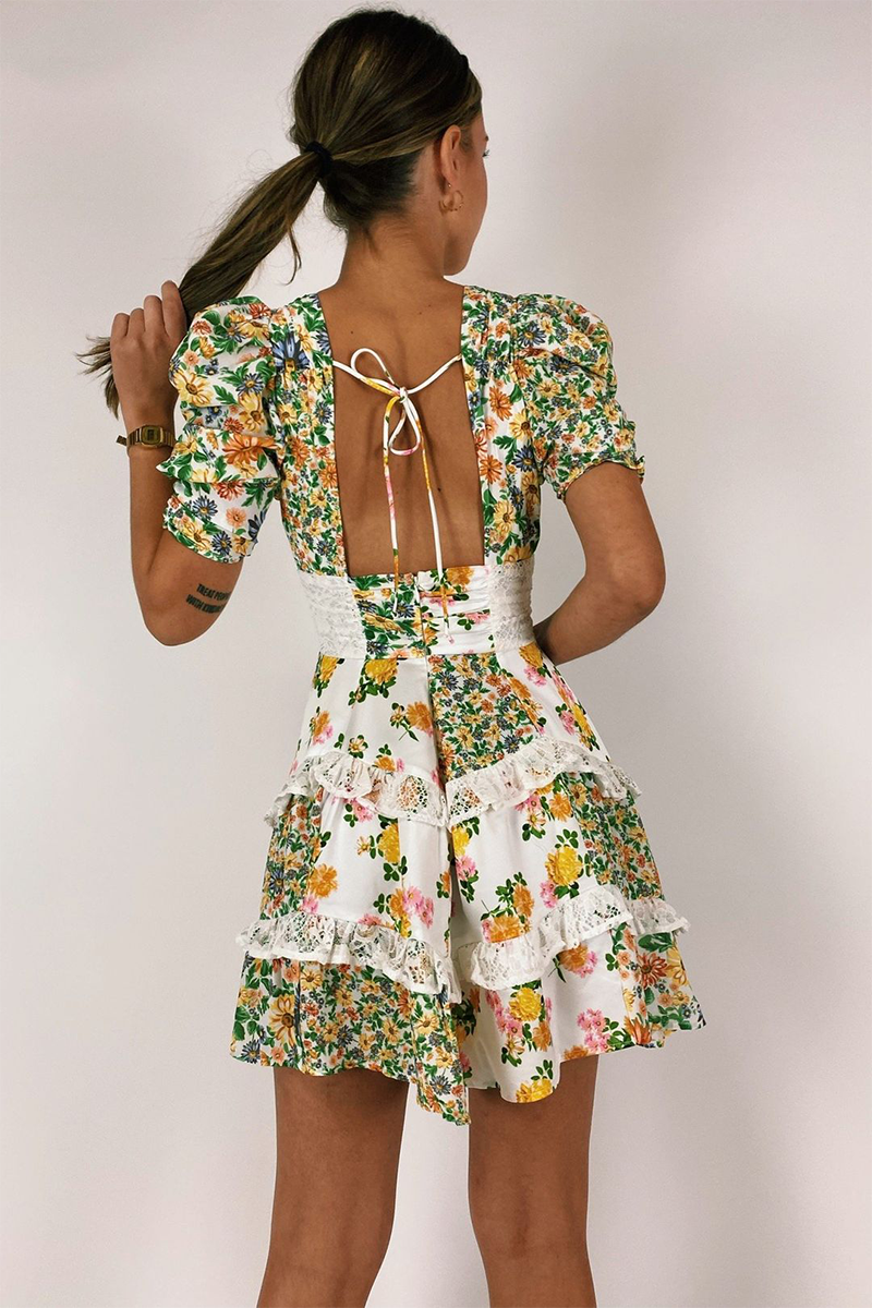 Floral Print V Neck Juliet Sleeve Lace Ruffled Trim A-Line Mini Dresses-Green-Hayhty.All Rights Reserved.