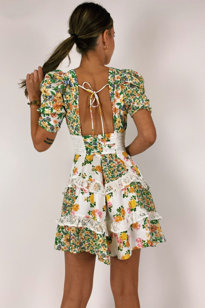 Floral Print V Neck Juliet Sleeve Lace Ruffled Trim A-Line Mini Dresses-Green-Hayhty.All Rights Reserved.