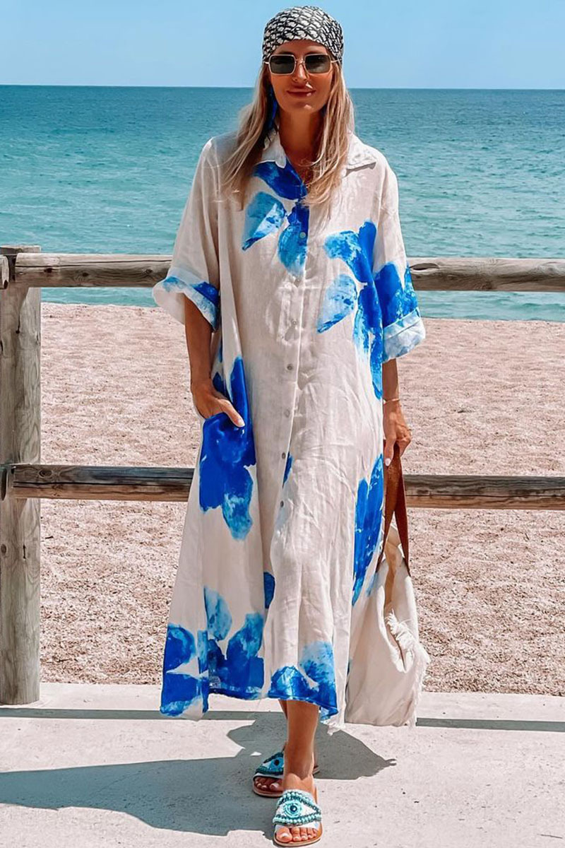 Half Sleeve Turndown Collar Floral Print Vacation Midi Dresses-Hayhty.All Rights Reserved.
