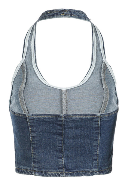 V Neck Halter Backless Frayed Butterfly Patch Denim Crop Top-Blue-Hayhty.All Rights Reserved.
