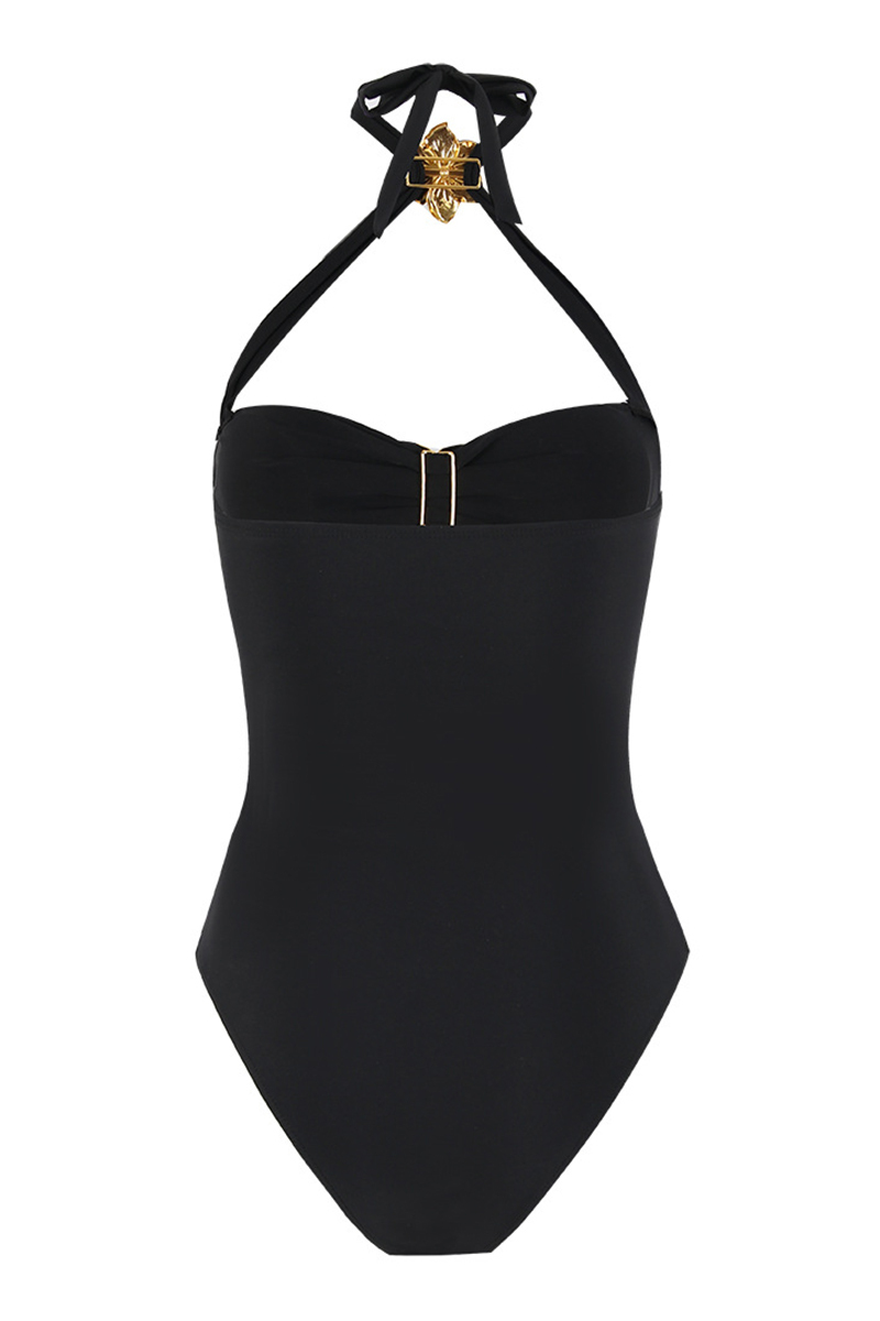Metal Flower Decor Hollow Out One-Piece Swimsuit Mini Skirt Bikini Set-Black-Hayhty.All Rights Reserved.